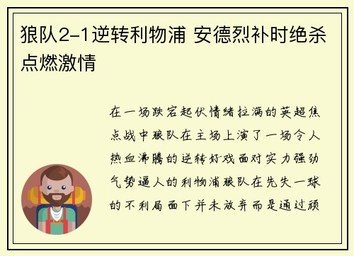 狼队2-1逆转利物浦 安德烈补时绝杀点燃激情